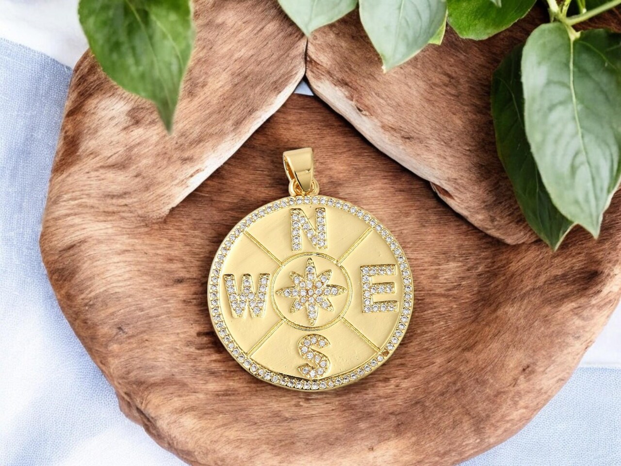 33x30mm 18k Gold Plated Brass Micro Pave Cubic Zirconia Compass Charm Pendant